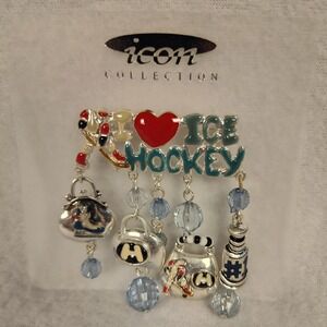 NEW Icon Collection I Love Ice Hockey Charm Brooch Pin Silver Tone Blue Beads